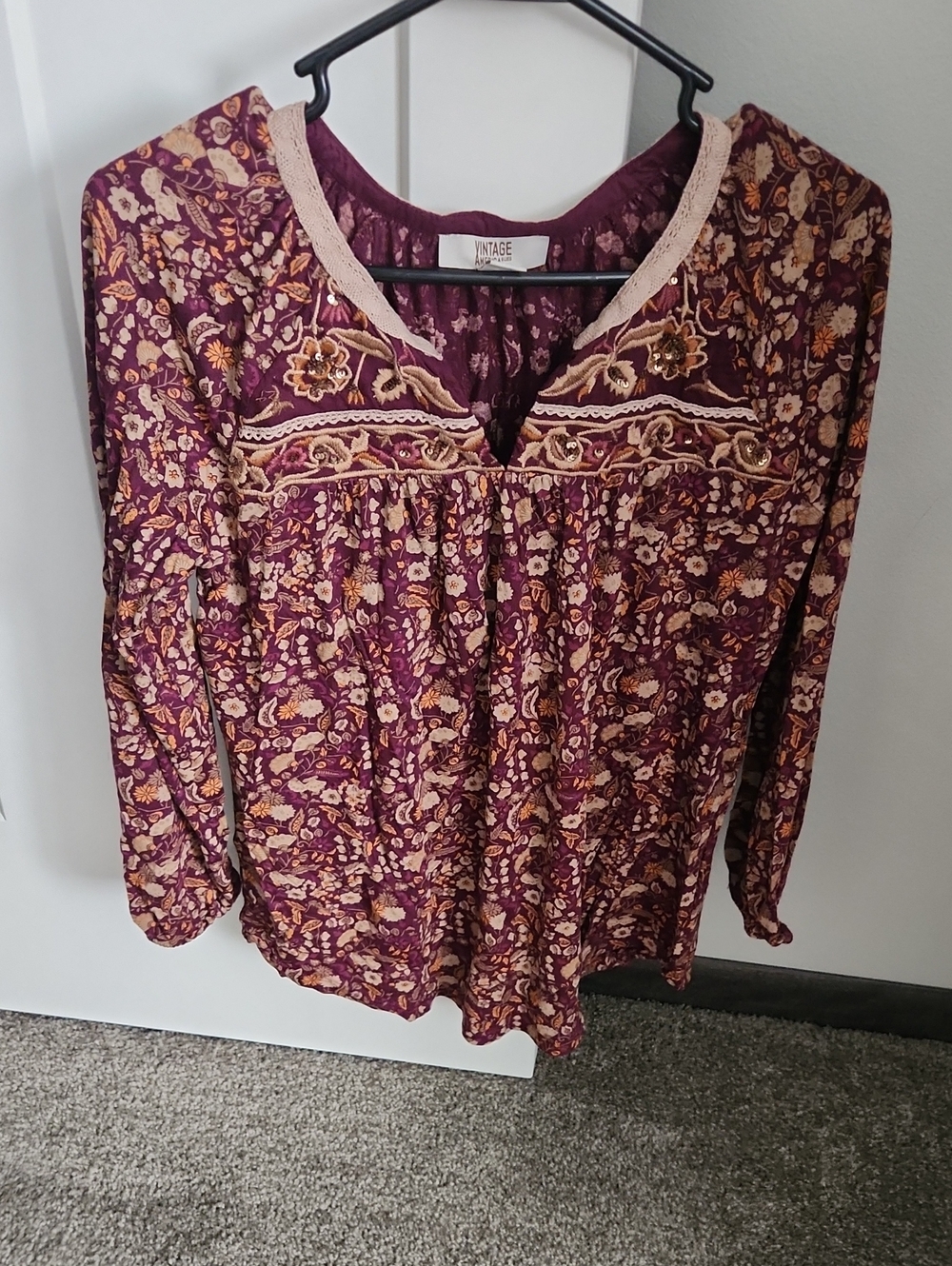 Vintage America Plum and Cream Floral Embroidered Peasant Top